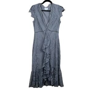 Saylor Women's Silver Lace Midi Dress M V-Neck Party Cocktail Elegant